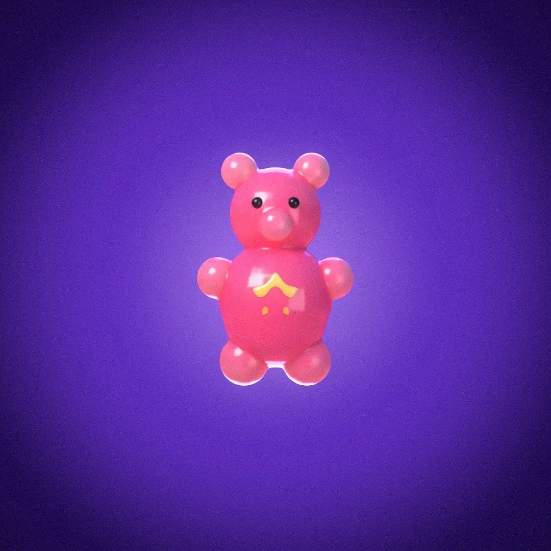 A pink gummy bear with a star on its belly.