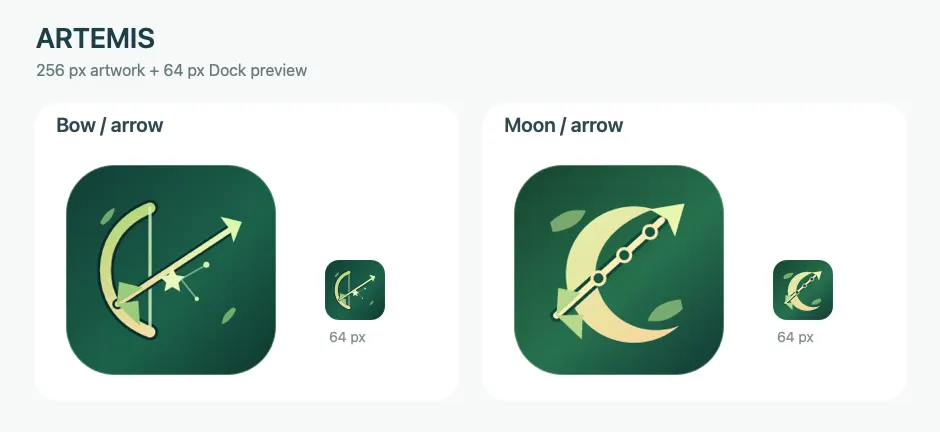 Two Artemis icon directions: a bow with an arrow and a star, and a crescent moon crossed by an arrow. Each has a 64 px Dock preview.