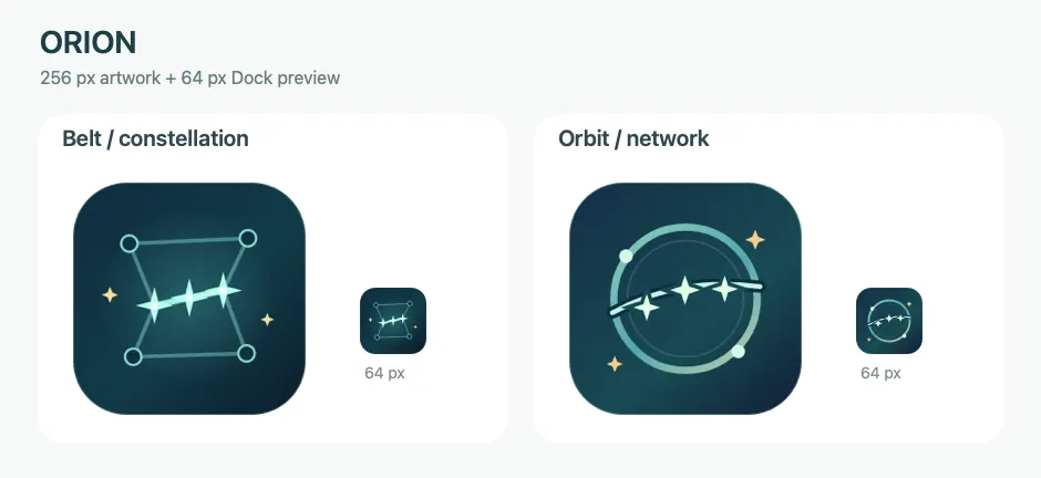 Two Orion icon directions: a belt of stars inside a constellation frame, and a ring of stars in an orbit. Each has a 64 px Dock preview.