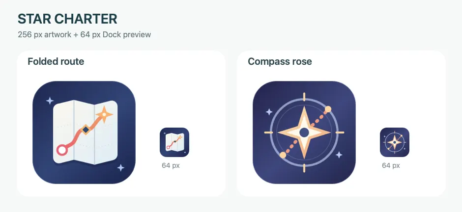 Two Star Charter icon directions: a folded route map with a star, and a compass rose. Each has a 64 px Dock preview.