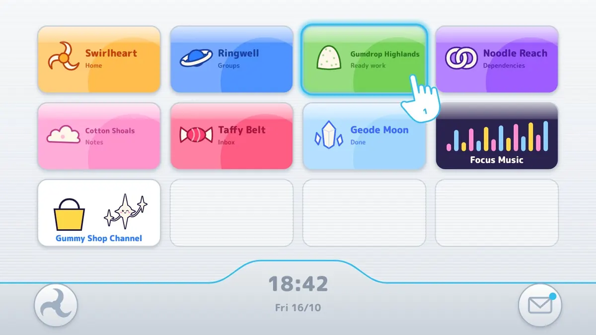 A glossy white console menu with channels for each world, Focus Music, and Gummy Shop, and a pointer on Gumdrop Highlands.