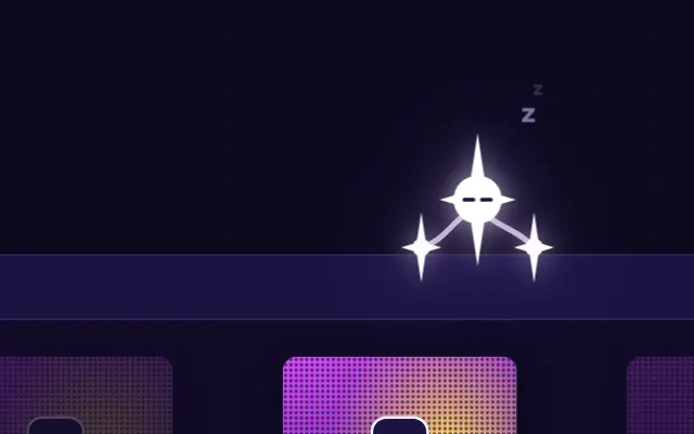 The companion with closed eyes and small z marks, dozing above a row of cards.