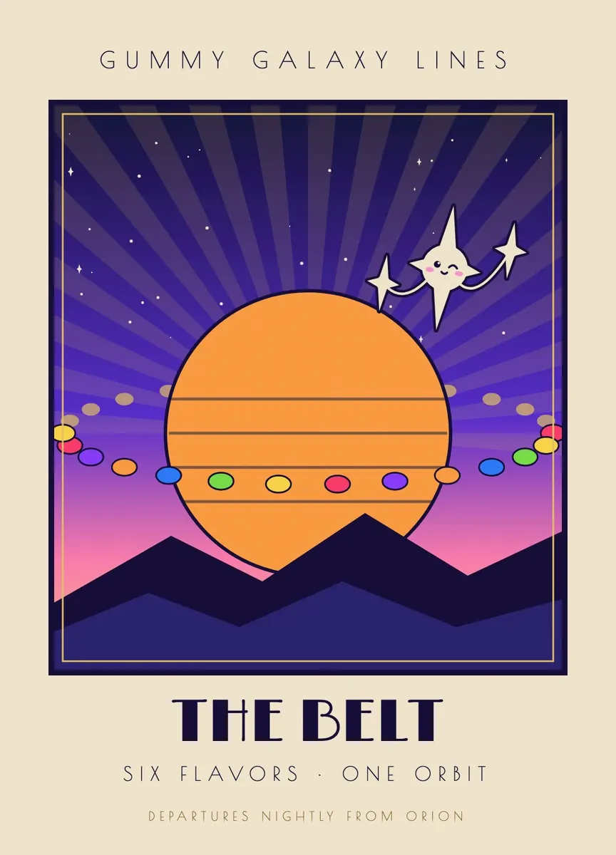 An art deco travel poster for the belt: an orange planet ringed by candies, sun rays, and the companion waving.