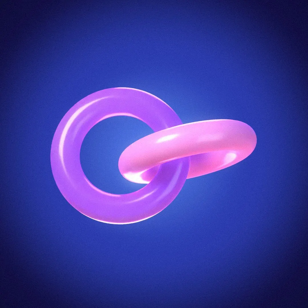 Two linked gummy rings, grape and cotton candy.