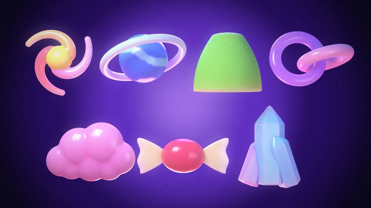 The seven emblems as translucent gummies on a grape glow: spiral sun, ringed planet, gumdrop, linked loops, cloud, wrapped candy, and crystal.