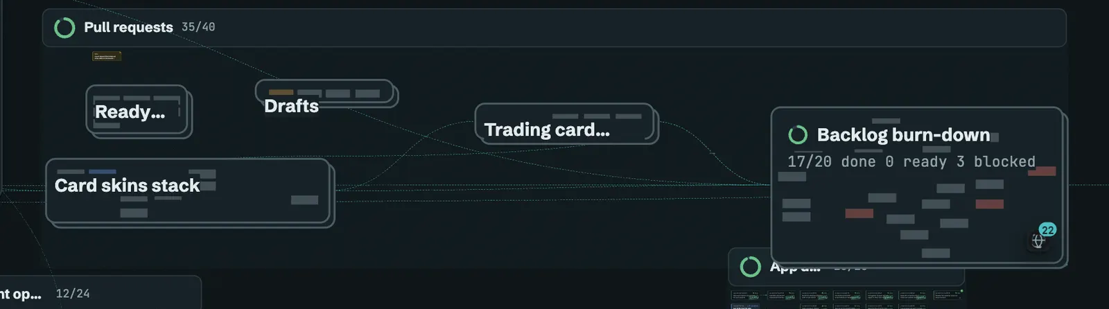 Folded groups on a dark canvas, such as Ready, Drafts, and Trading card, each with faded previews of the cards inside.