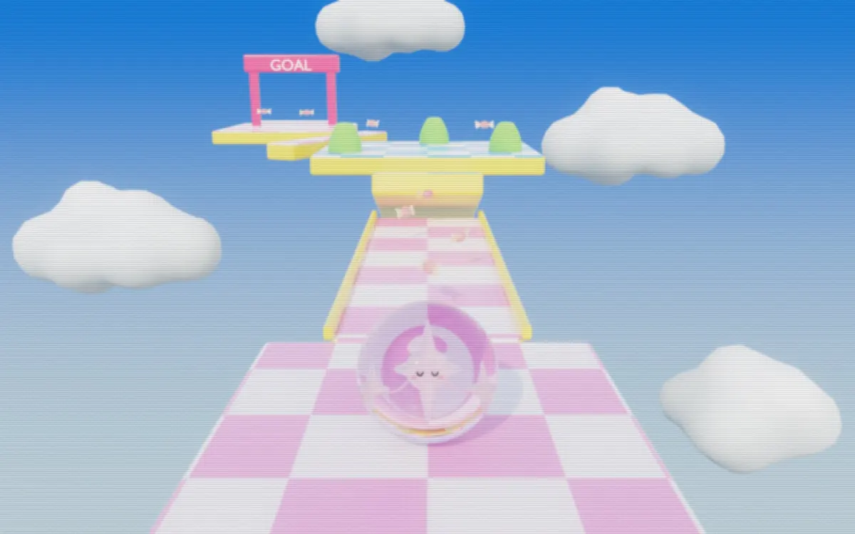The same course through a soft 480p framebuffer with dither and faint field lines.