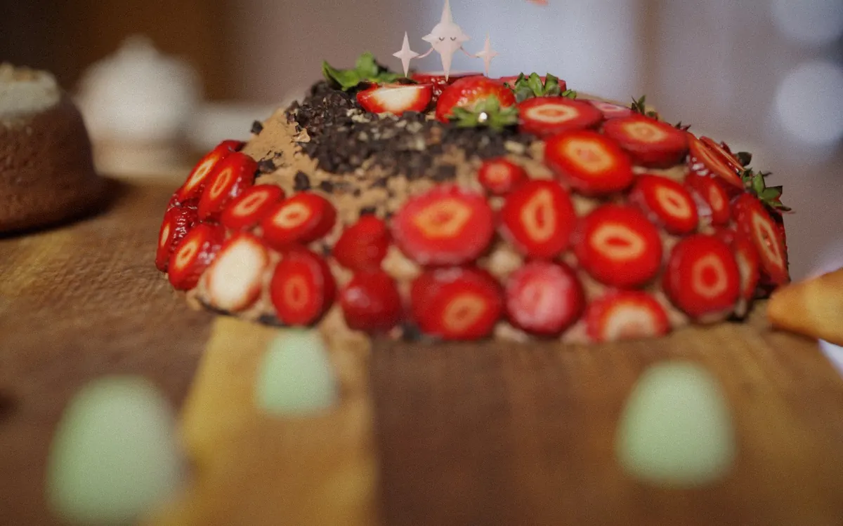 A photoreal tabletop: the companion on a strawberry cake on a cutting board, gumdrops blurred in the foreground.