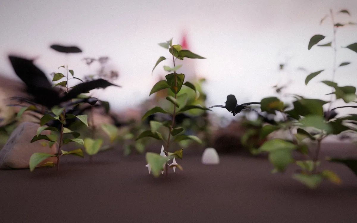 Pikmin scale: the companion two centimeters tall among scanned flowers at sunset.