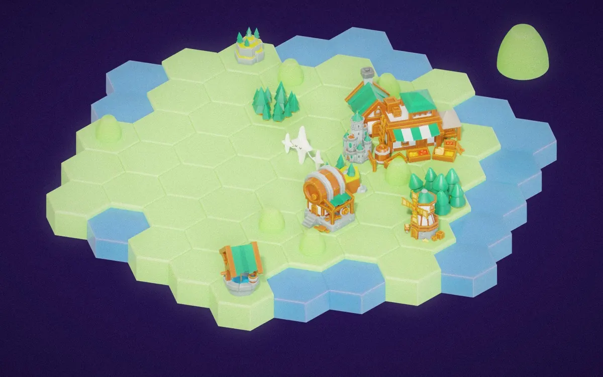 An orthographic hex board in apple and blueberry tiles with candy-colored buildings, trees, gumdrops, and the companion.