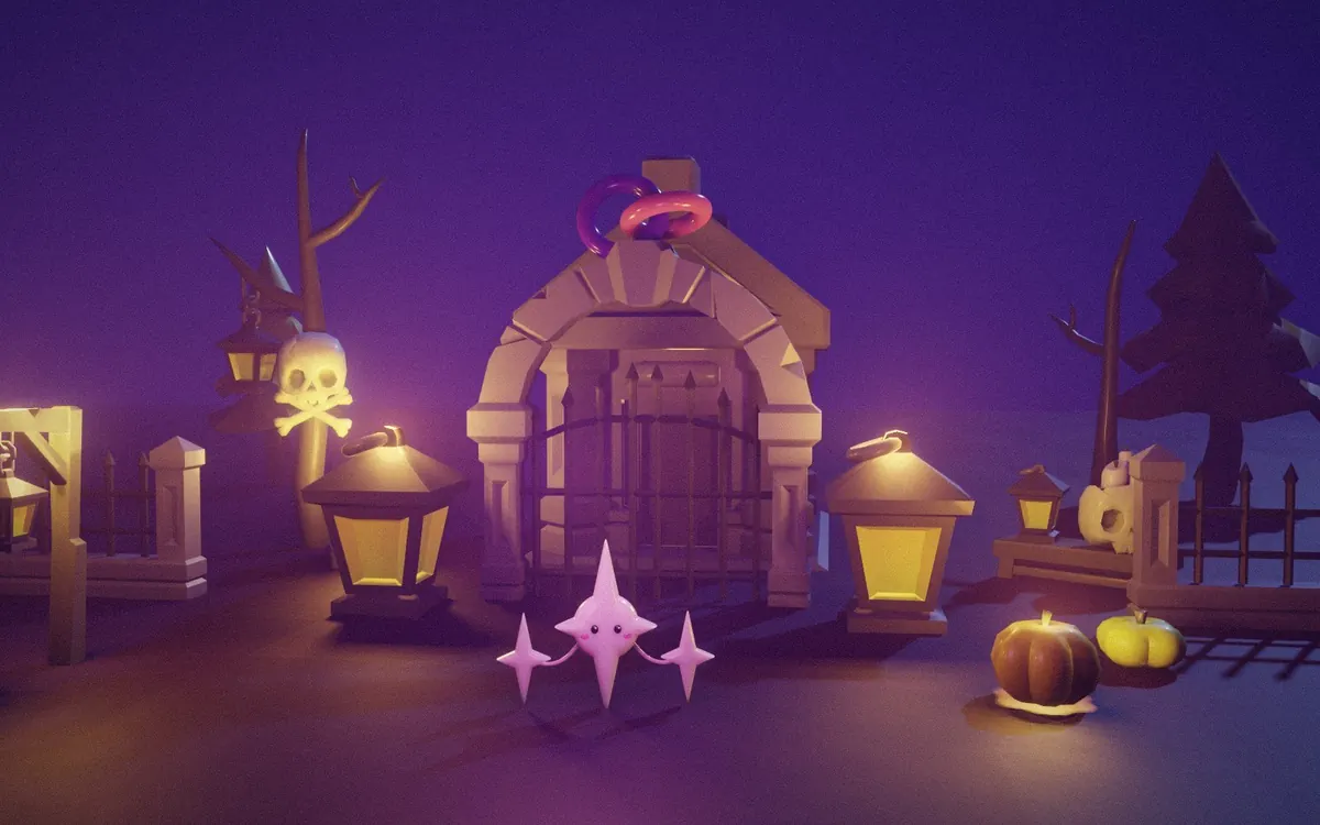 A foggy purple graveyard gate lit by lanterns, linked loops over the arch, and the companion in front.