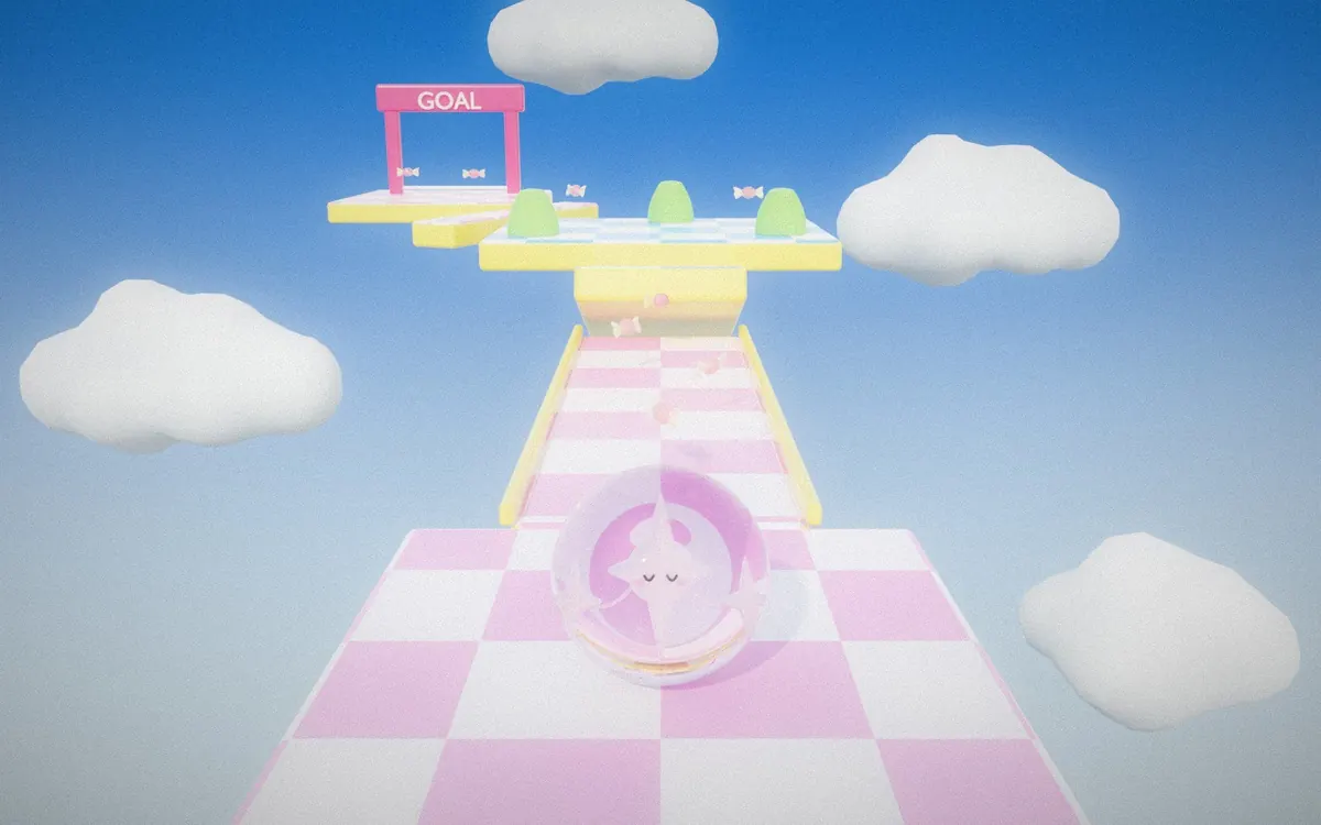 A pink checkered course floating in a blue sky, a GOAL gate at the far end, and the companion inside a clear gummy ball.