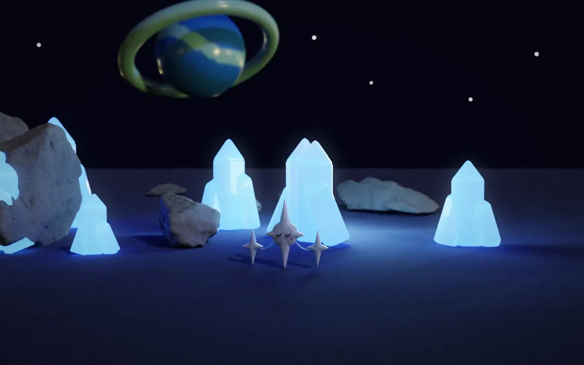 Geode Moon at night: scanned moon rocks, glowing blue gummy crystals, and a ringed planet rising.