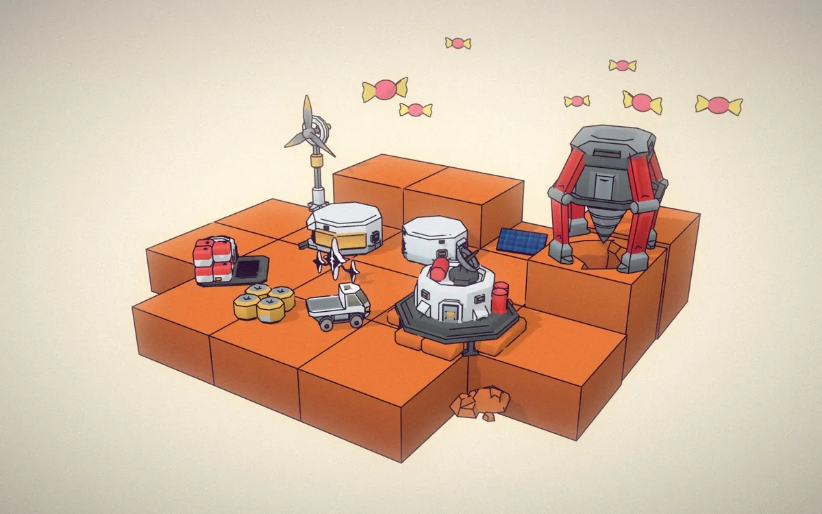 A cel-shaded space outpost with ink outlines on orange terrain, under a cream sky of wrapped candy.