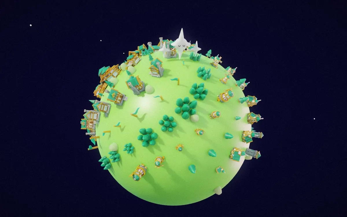 A small green gummy planet with buildings and trees planted around its surface.
