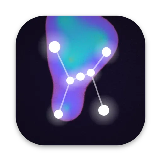 Dusk palette: a near-black background with a pink and violet blob of light, and a constellation of white stars joined by a line.
