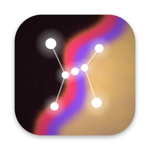 Ember palette: a near-black background that turns into rose, violet, and gold, with a constellation of white stars.