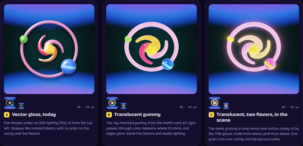 Three versions of the spiral sun mark: opaque vector gloss, translucent gummy, and translucent gummy in two flavors lit by the background.