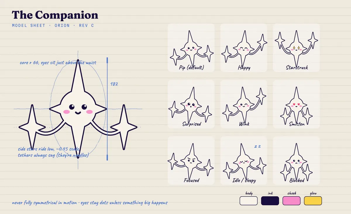 A model sheet: construction lines and proportions on the left, nine expressions with poses on the right, and color swatches.
