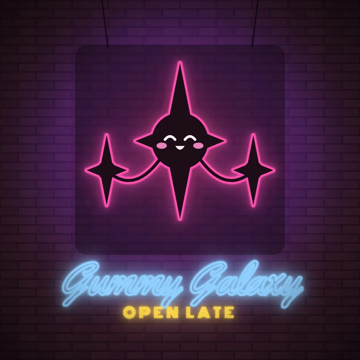 The companion as a pink neon sign over a blue Gummy Galaxy script on a brick wall.