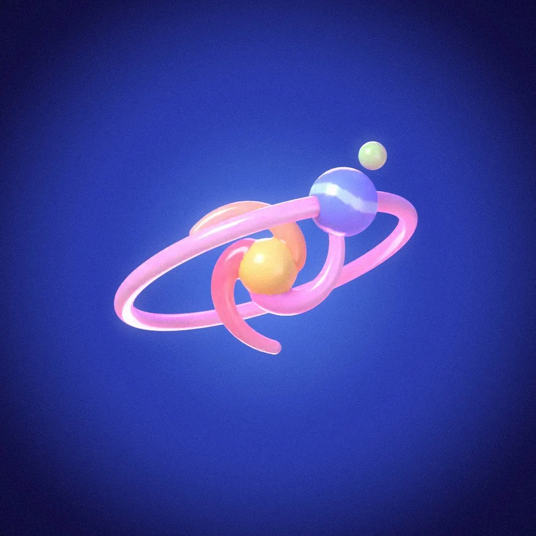 The Orrery in translucent gummy: a spiral sun, a pink ring, a banded blue planet, and a green moon on a blue glow.