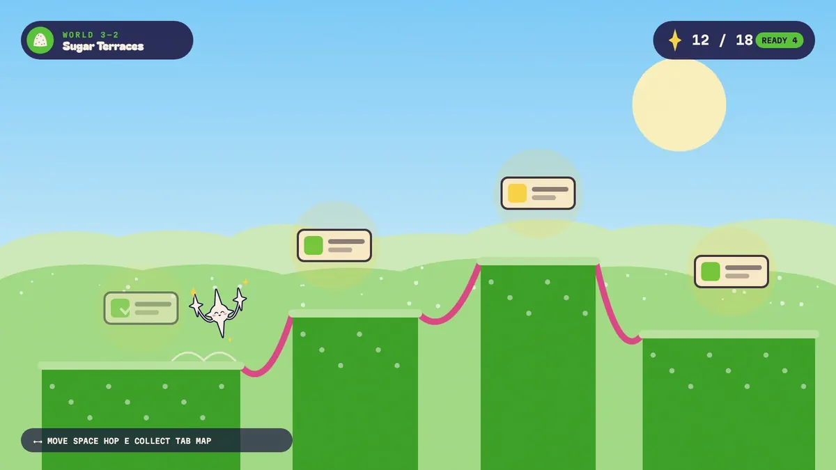 A side-scroller level with green platforms, pink noodle bridges, floating cards, and a HUD.