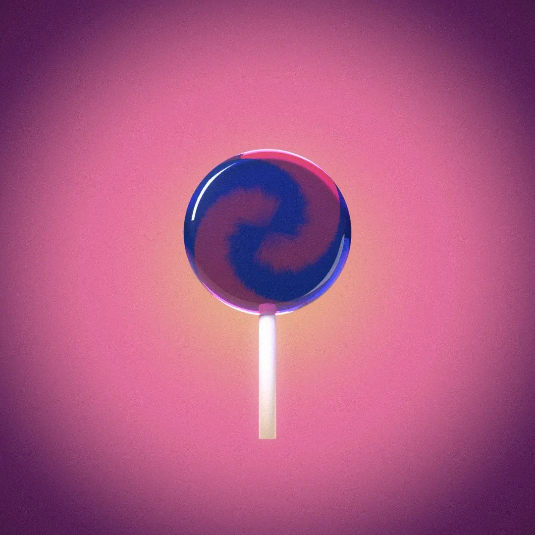 A blue and pink swirl lollipop in clear hard candy.