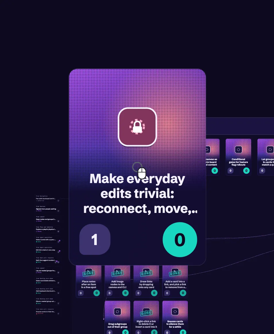 A hovered compact card drawn as a poster: a dithered art field, a lock icon, a large title, and two counts.