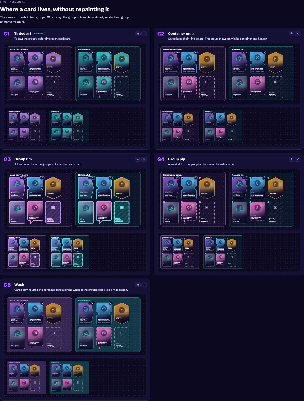 Round 1's group options, from tinted art to a container-only group and a washed container.