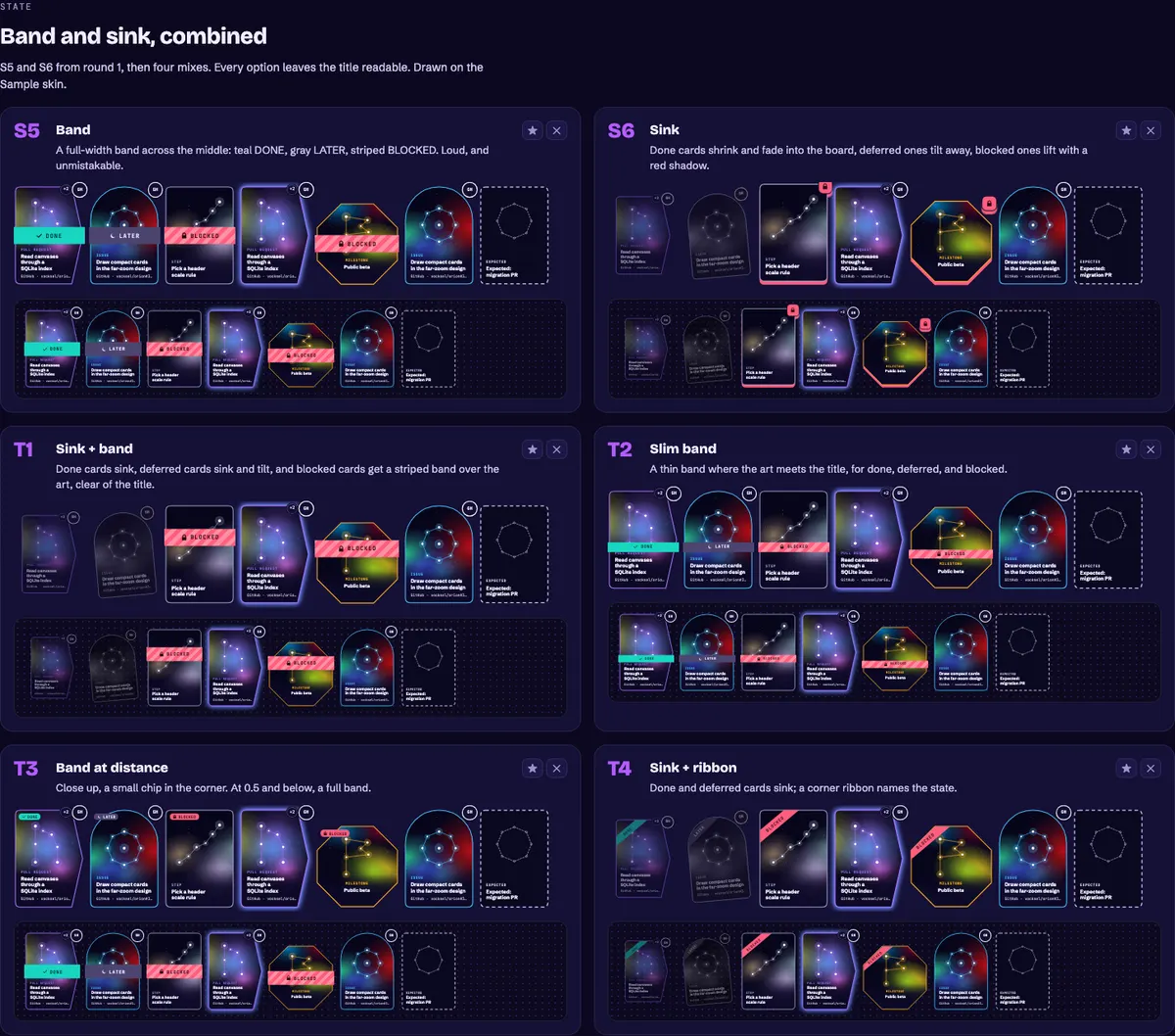 Round 2's state options on the nebula constellations, each keeping the title readable.