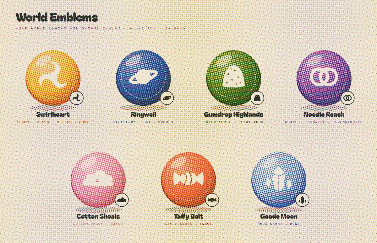 The emblem sheet printed as a three-color riso with halftone dots slightly out of register.