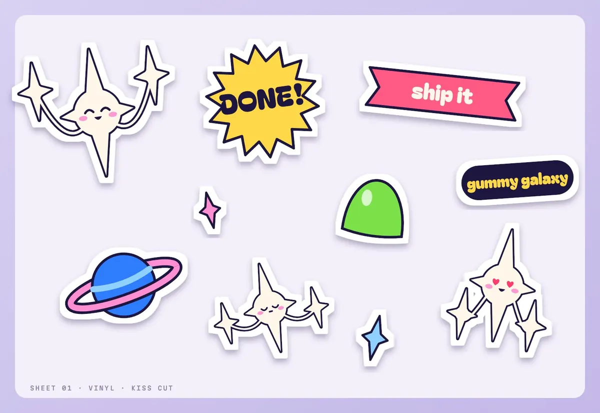 A die-cut sticker sheet with three companion moods, a DONE burst, a ship-it banner, and planet and gumdrop stickers.