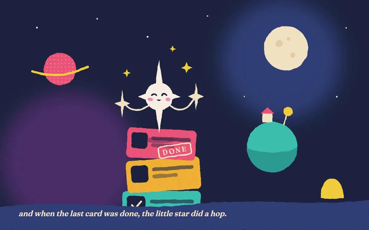A storybook page: the companion hops on a stack of cards with a DONE stamp.