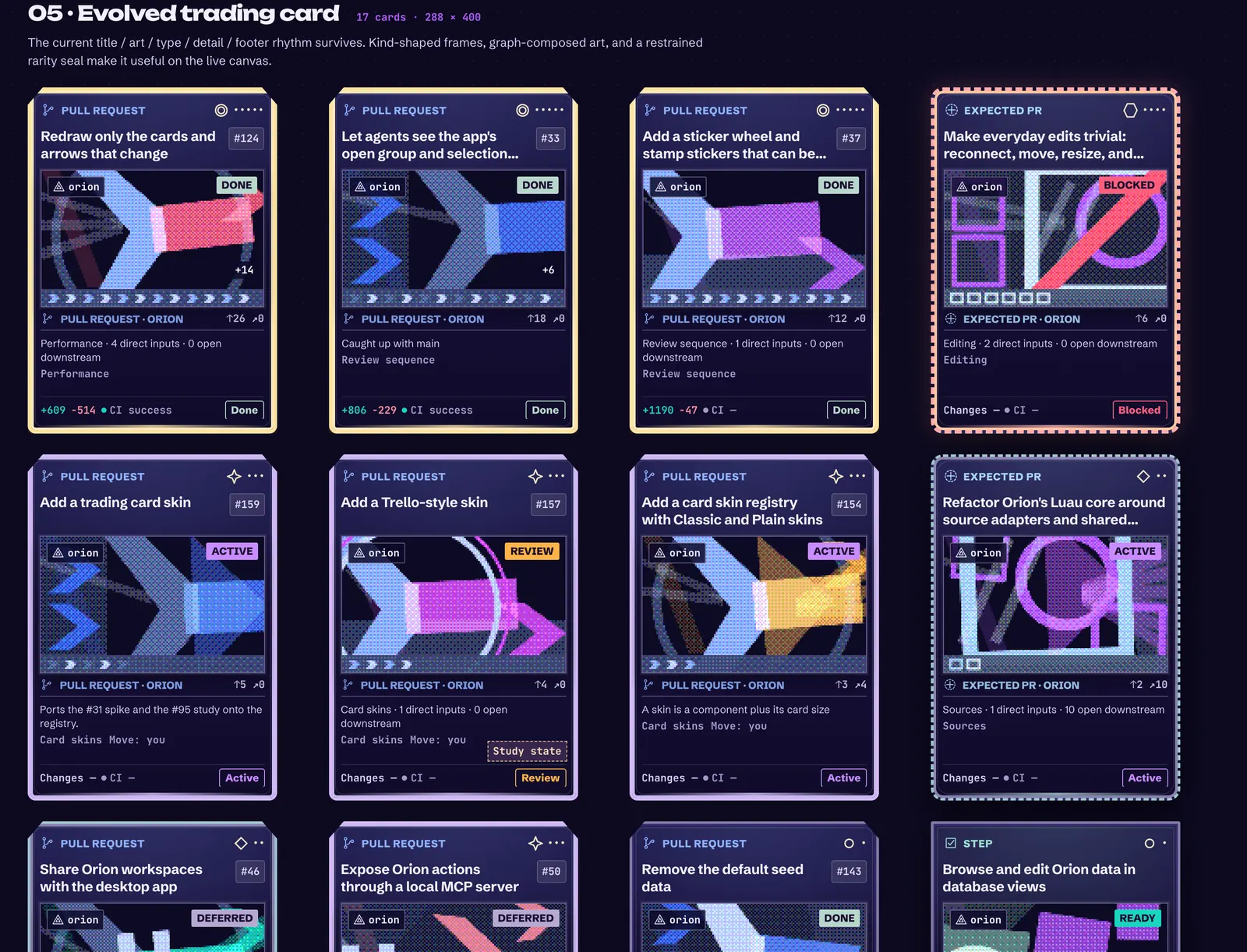 The evolved layout in the variety study: 17 cards in a grid, with kind-shaped frames, art, and status.