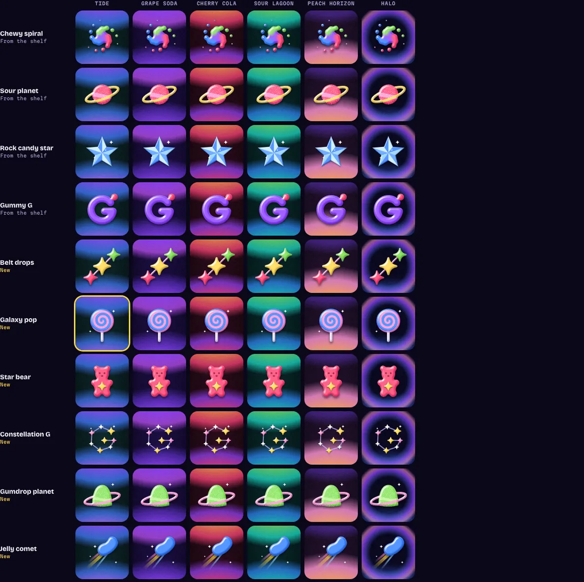 A grid of the earlier SVG marks on six backgrounds, before the move to translucent gummy.