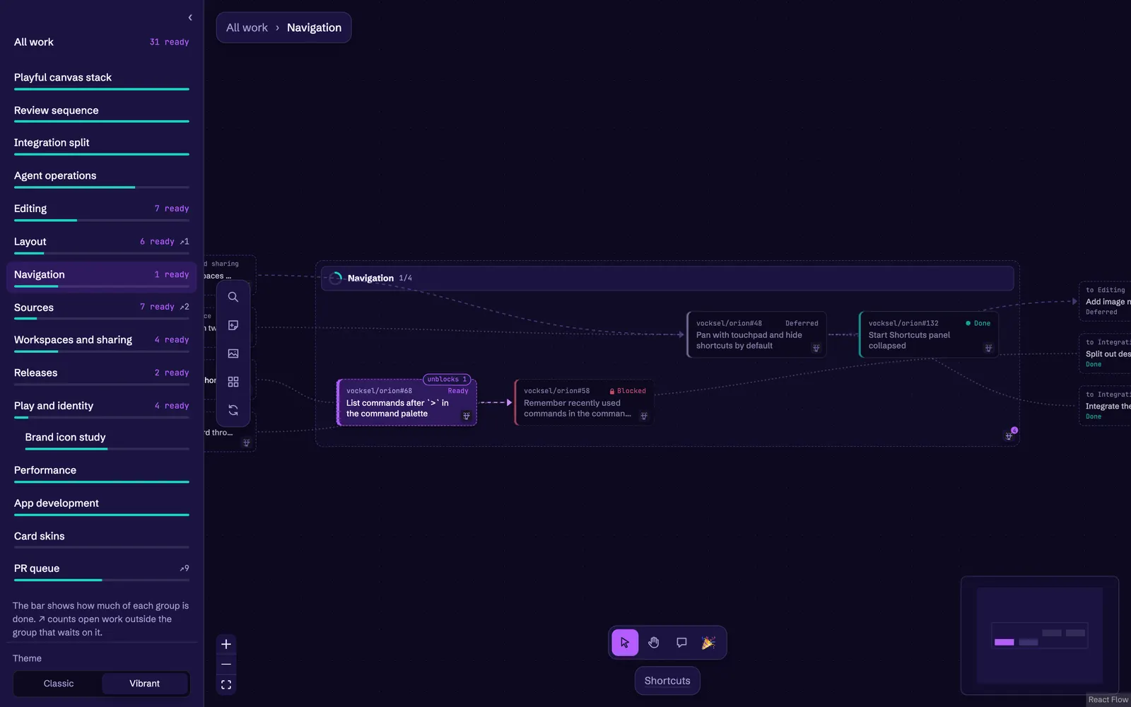 The Vibrant theme: a dark purple sidebar and canvas with a Theme switch set to Vibrant at the bottom.