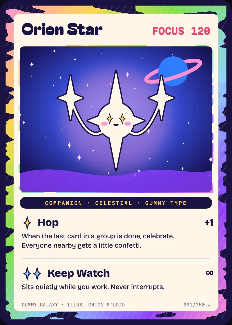A holographic trading card of the companion with the moves Hop and Keep Watch.