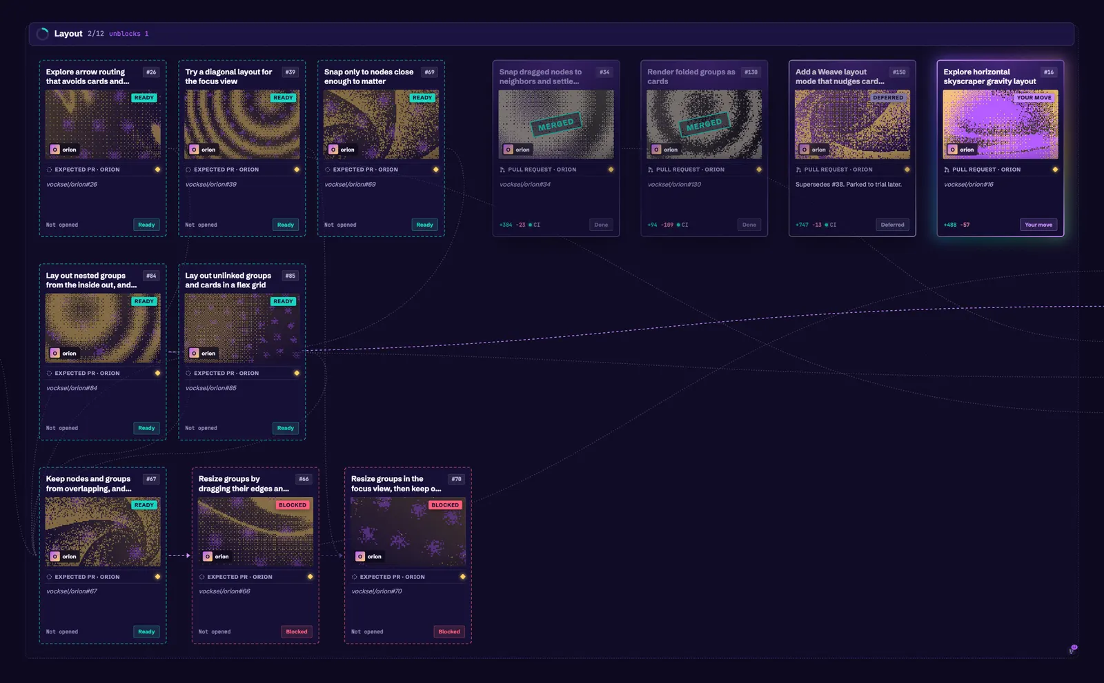 Trading cards in the app, in a Layout group, with dithered art and status badges.