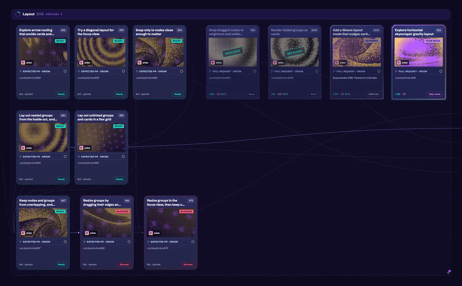 Before: cards with dithered shader art, each with a status badge, in a Layout group.