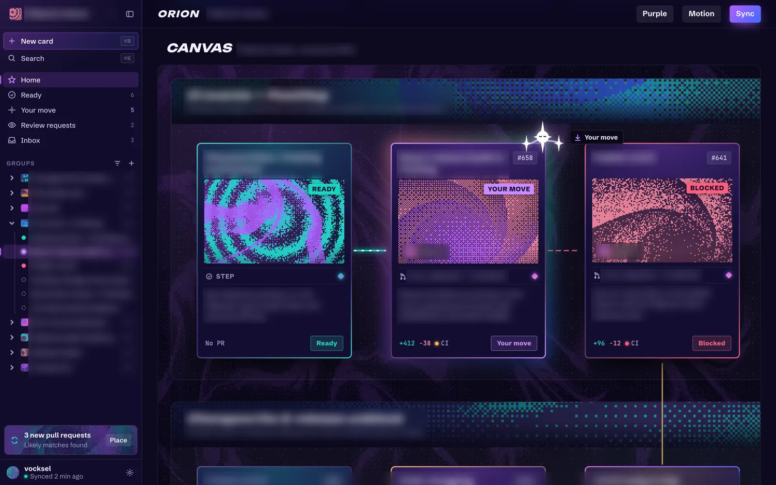 Study cards on a canvas: a Ready step, a Your move pull request, and a Blocked pull request, each with dithered art and a status badge.