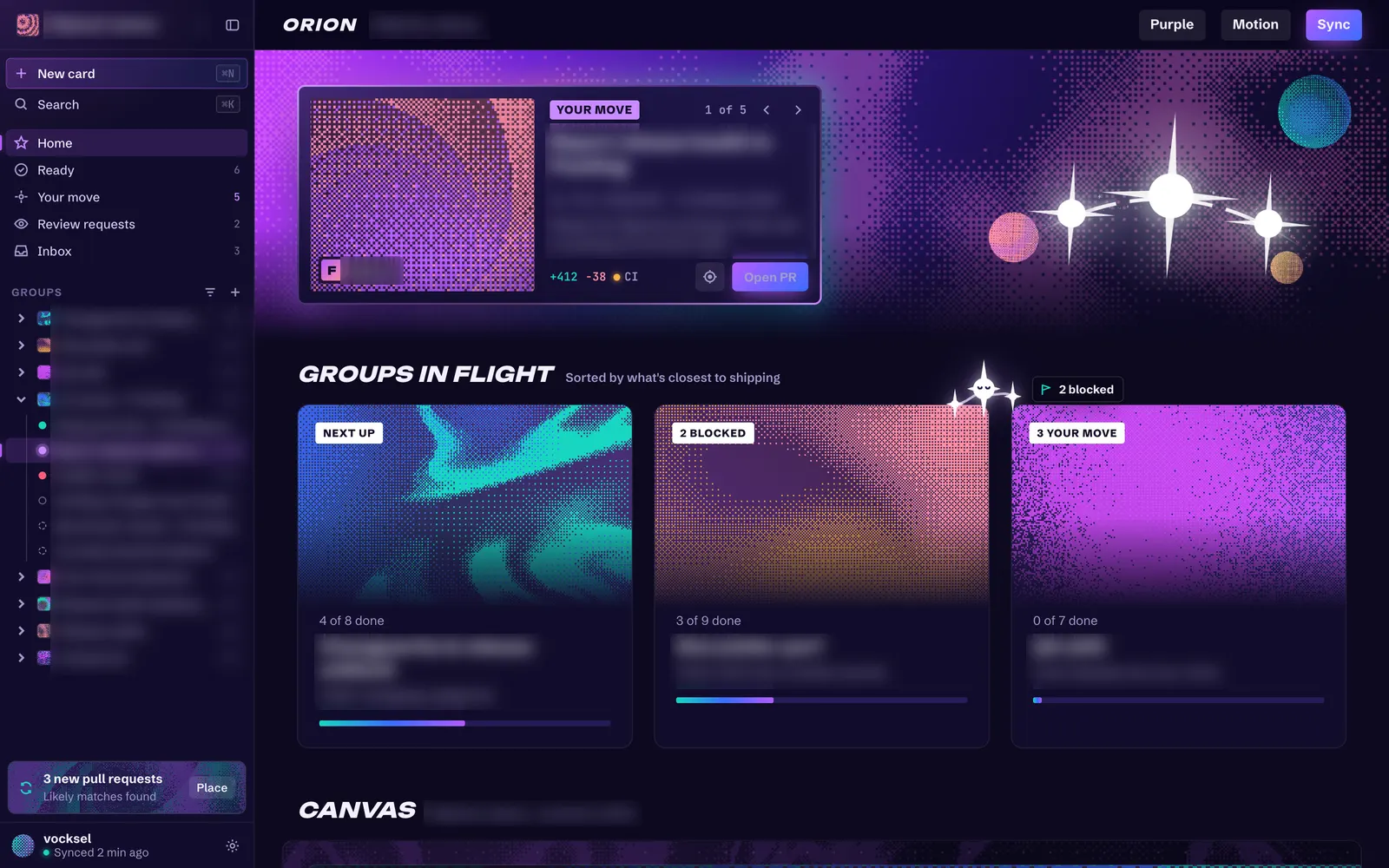 The vibrant study's home in the Purple palette, with a spotlight card, group tiles, and the star companion.