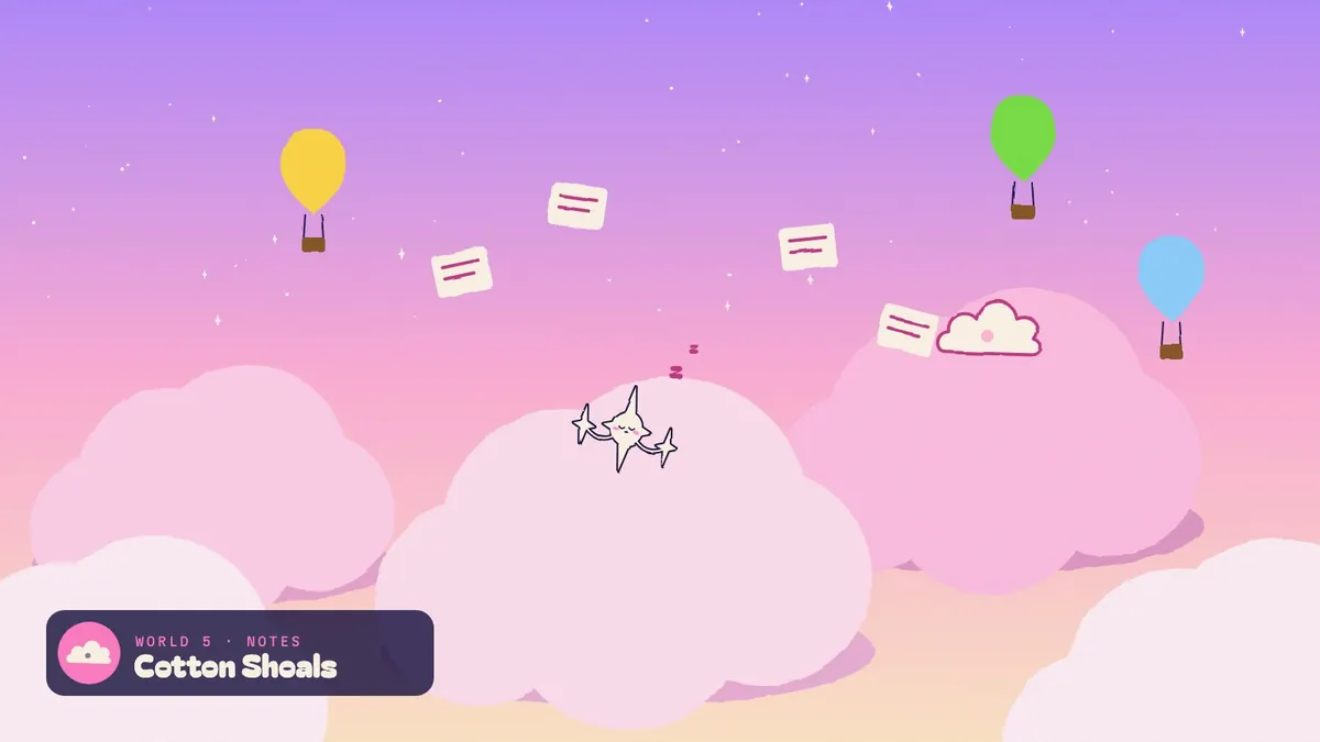 Cotton Shoals: pink cloud islands, hot-air balloons, floating note cards, and the companion asleep.