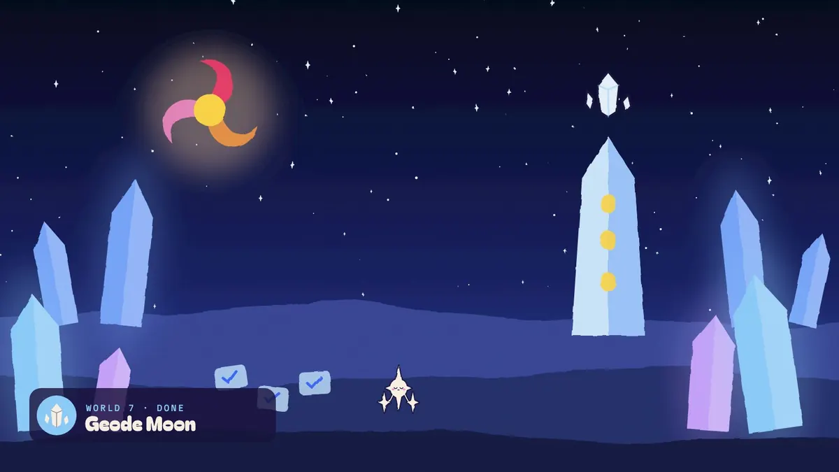Geode Moon: glowing crystal shards and a crystal archive tower under a dim spiral sun.