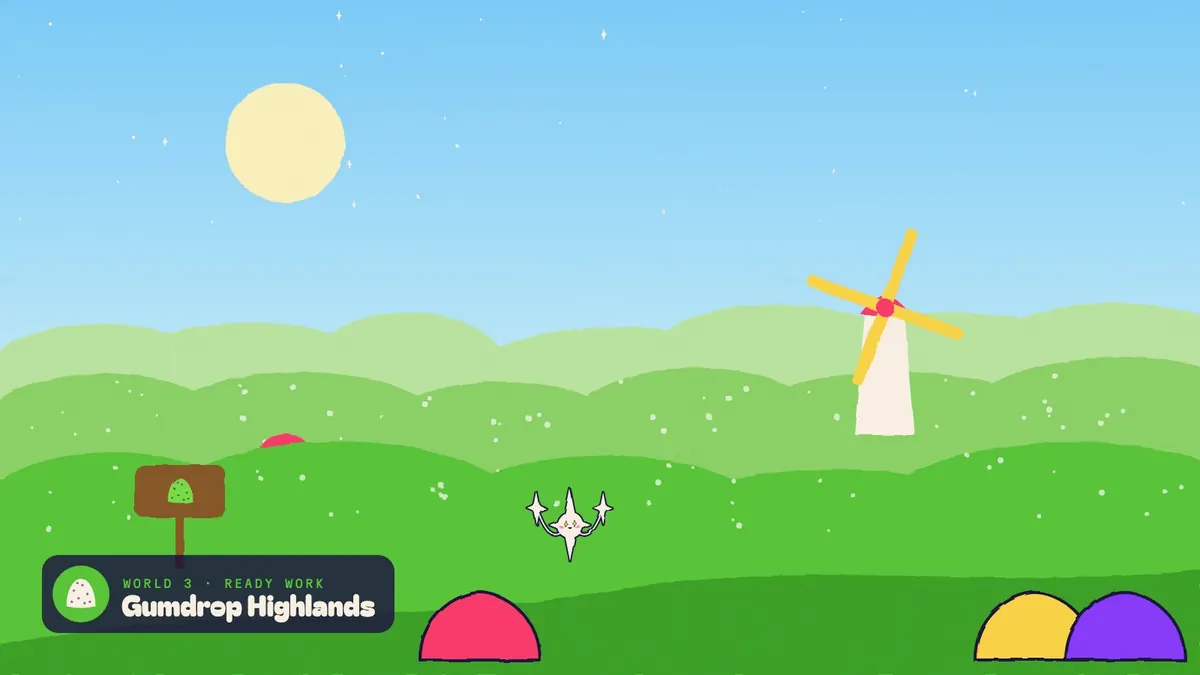 Gumdrop Highlands: sugar-dotted green domes, a windmill, little houses, and a gumdrop signpost.
