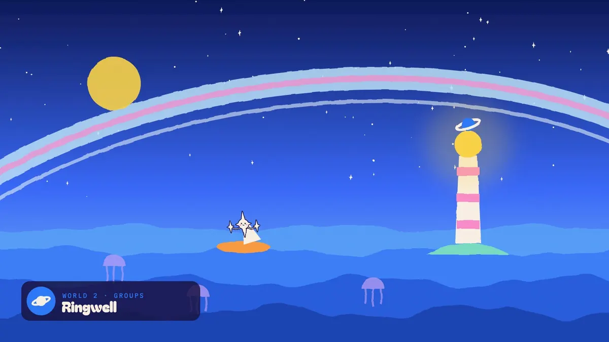 Ringwell: a jelly ocean under a planetary ring, with a striped lighthouse and jellyfish.