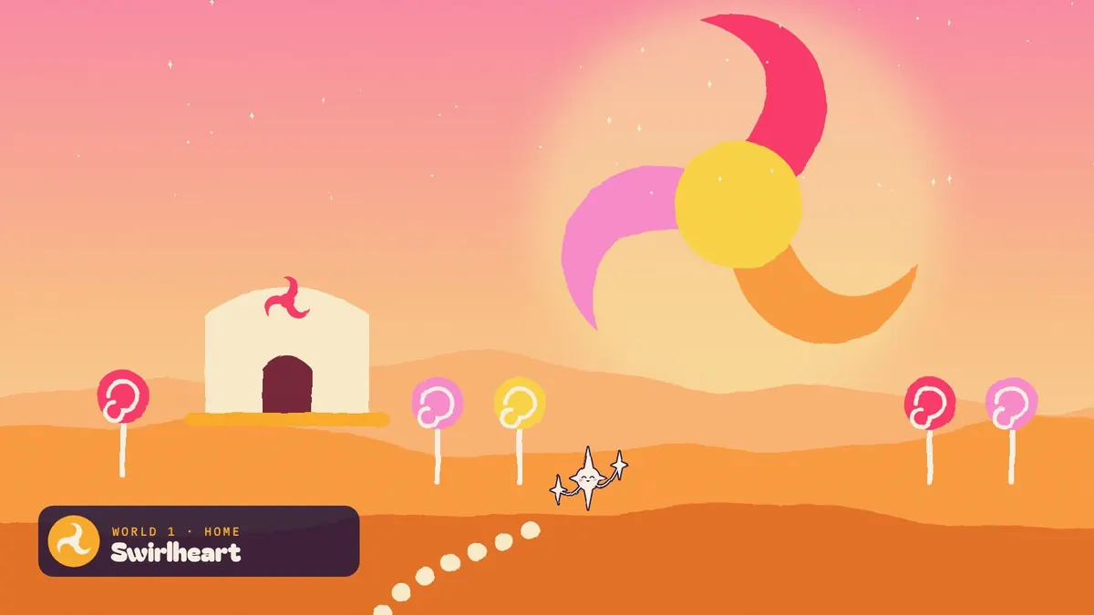 Swirlheart: a giant spiral sun over lemon dunes, lollipop trees, and a temple marked with the spiral.
