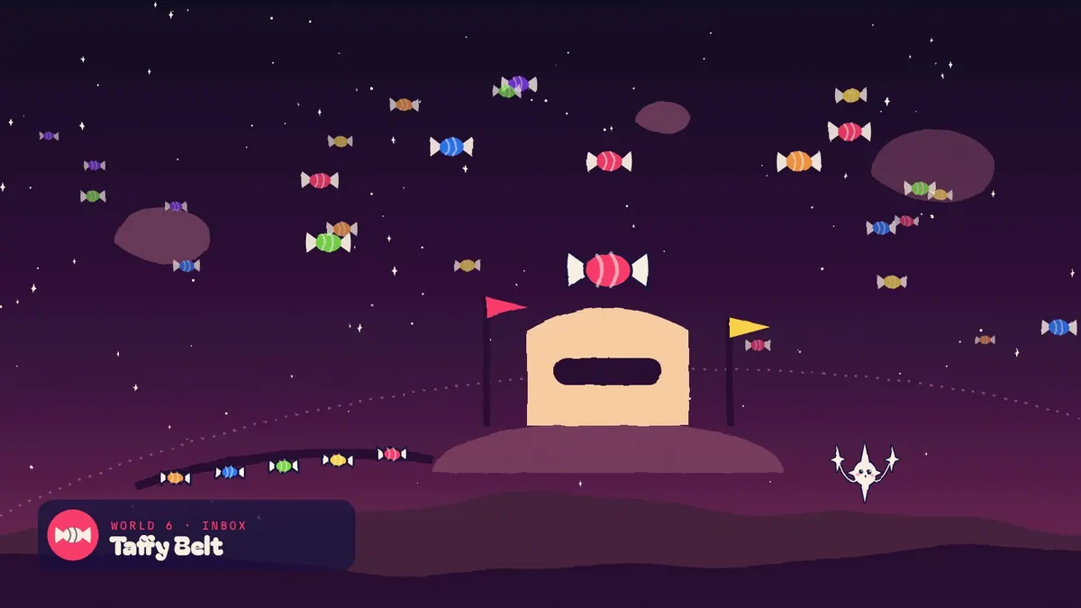 Taffy Belt: wrapped candies drifting through space over a mining outpost with a conveyor of candy.