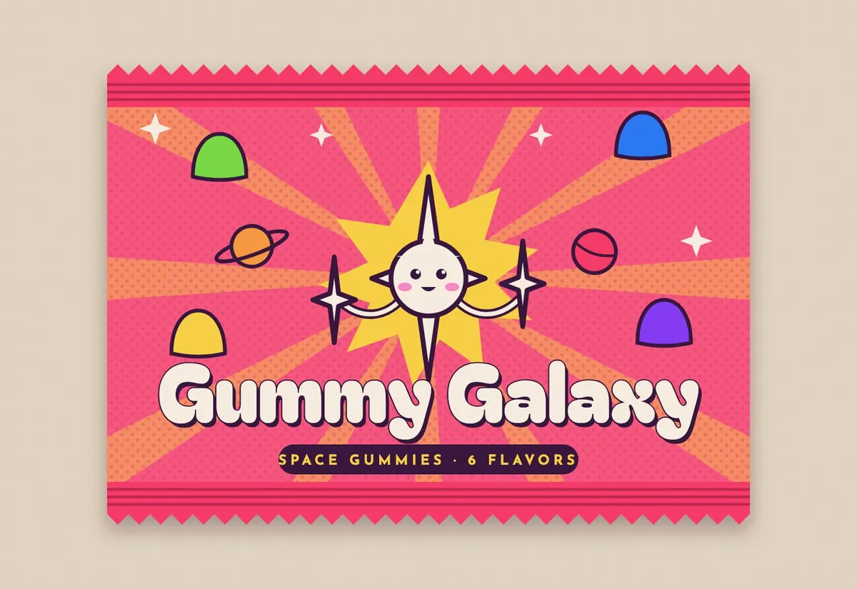 A pink candy wrapper with crimped ends, a starburst, the companion as mascot, and Space Gummies, six flavors.